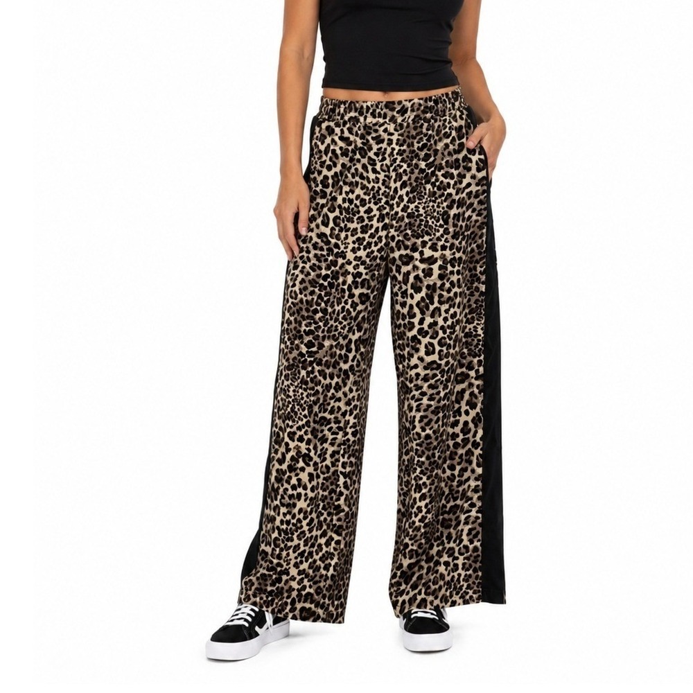 Leopard Print Wide Leg Black Side Stripe Elastic Waist Animal Print Pant | Small